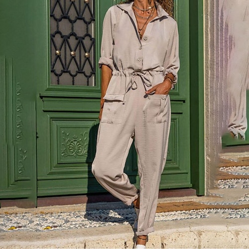

Women's Jumpsuit Drawstring Pocket Solid Color Shirt Collar Casual Holiday Weekend Regular Fit Long Sleeve Khaki S M L Spring