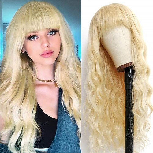 

Long Wavy Blonde Wig with Bangs 30 inch Synthetic Loose Curly Wave Wigs for Women 613 Blonde Fluffy Wavy Wig Long Blonde Cosplay Party Wig