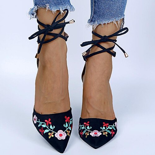 

High Heels Spring Summer Large Size Wish Embroidered Bag With Straps Thick Heel Shoes