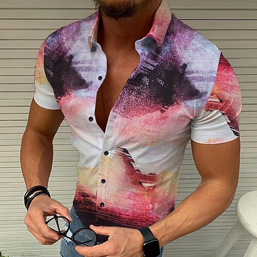 

Men's Shirt Graphic Patterned Turndown Street Casual Button-Down Short Sleeve Tops Designer Basic Slim Fit Big and Tall Fuchsia