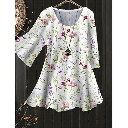 

Women's Plus Size Tops Blouse Shirt Floral Print 3/4 Length Sleeve Crewneck Streetwear Daily Holiday Polyester Spring Summer White Pink