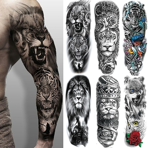 

6PCS Large Arm Sleeve Lion Crown King Rose Waterproof Temporary Tattoo Sticker Fashion Wild Wolf Tiger Men Full Skull Totem Women