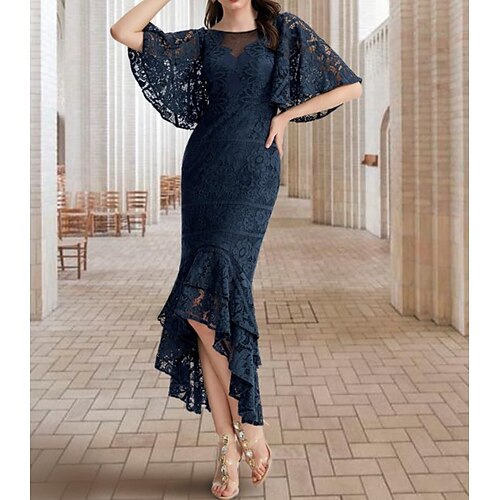 

Mermaid / Trumpet Mother of the Bride Dress Elegant Sexy Jewel Neck Asymmetrical Tea Length Lace Half Sleeve with Ruffles 2022