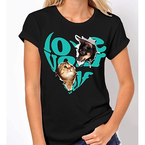 

Women's T shirt Tee Orange White Black Cat Dog Print Short Sleeve Casual Weekend Basic Round Neck Regular Cat Painting S / 3D Print