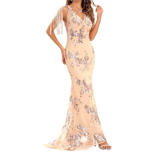 

Women's Sheath Dress Maxi long Dress Green Gold Sleeveless Floral Backless Sequins Print Spring Summer V Neck Party Elegant 2022 S M L XL / Party Dress