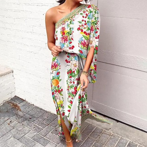 

Women's Floral Dress Maxi long Dress Green Long Sleeve Floral Backless Cold Shoulder Print Spring Summer One Shoulder Casual 2022 S M L XL XXL