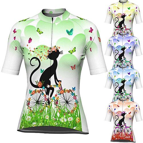 

21Grams Women's Cycling Jersey Short Sleeve Bike Top with 3 Rear Pockets Mountain Bike MTB Road Bike Cycling Breathable Quick Dry Moisture Wicking Reflective Strips Green Yellow Sky Blue Cat Butterfly