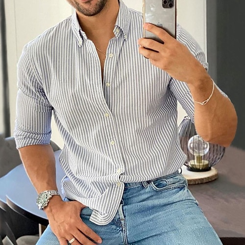 

Men's Shirt Striped Turndown Light Blue Street Casual Long Sleeve Button-Down Clothing Apparel Fashion Casual Comfortable / Beach
