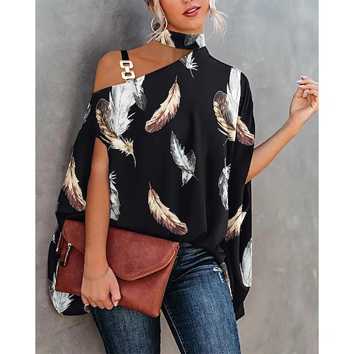 

Women's Blouse Shirt Dusty Blue Navy Blue Black Graphic Patchwork Print Short Sleeve Casual Casual Cold Shoulder Regular Batwing Sleeve S / 3D Print