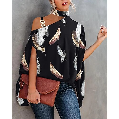 

Women's Blouse Shirt Dusty Blue Navy Blue Black Graphic Patchwork Print Short Sleeve Casual Casual Cold Shoulder Regular Batwing Sleeve S / 3D Print