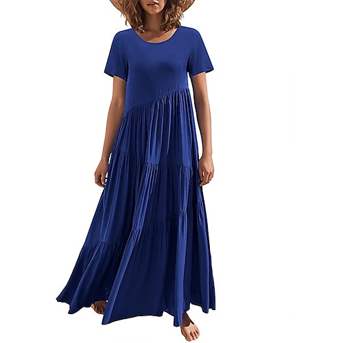 

robe longue Femme Robe casual Manche Courte Printemps Eté - Vacances Casual Ruché Couleur monochrome Col Ras du Cou Coton 2023 Noir Blanche Rose Claire Rouge Bleu Roi Violet Fuchsia Vert Kaki Bleu de