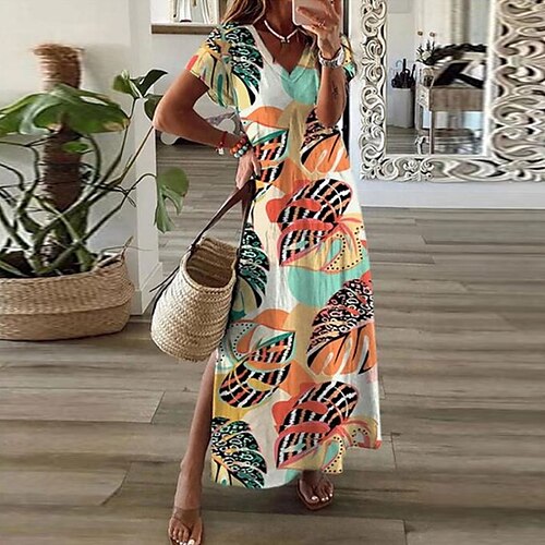 

vestido longo feminino vestido maxi laranja azul claro manga curta floral primavera verão decote em v moderno ajuste solto 2023 s m l xl xxl 3xl