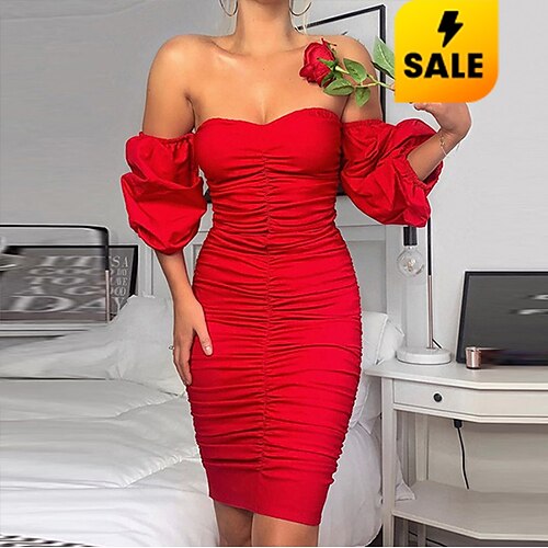 

Women's Party Dress Bodycon Sheath Dress Mini Dress Purple Orange Red Short Sleeve Pure Color Ruched Winter Fall Spring Off Shoulder Hot Party Slim 2022 S M L XL XXL 3XL