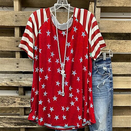 

Women's Plus Size Tops T shirt Tee Striped Print Short Sleeve Crewneck Streetwear Daily Going out Polyester Spring Summer Blue Gray