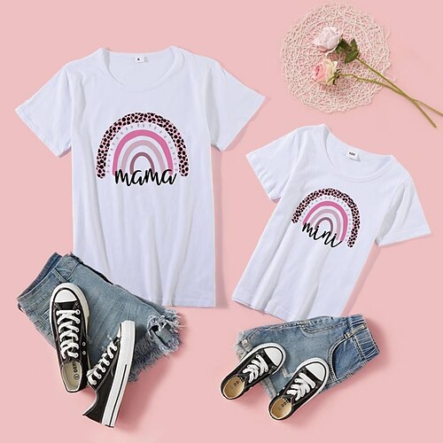 

Mommy and Me T shirt Tops Rainbow Leopard Letter Daily Print White Gray Pink Short Sleeve Basic Matching Outfits