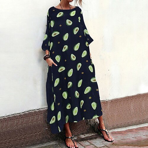 

Women's Swing Dress Maxi long Dress White Blue Black Long Sleeve Print Pocket Print Fall Summer Crew Neck Casual Mature 2022 S M L XL XXL 3XL