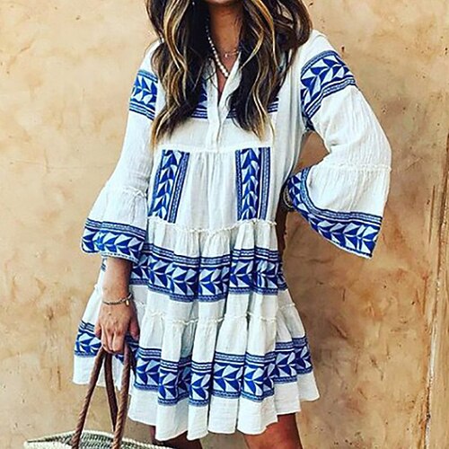 

Women's A Line Dress Short Mini Dress Green Blue Long Sleeve Floral Ruched Ruffle Print Spring Summer V Neck Casual 2022 S M L XL XXL 3XL