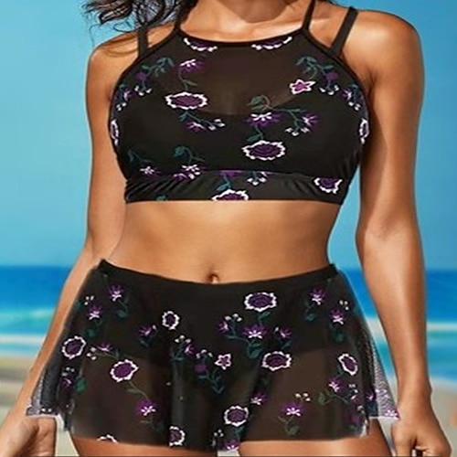 

Women's Swimwear Bikini 2 Piece Normal Swimsuit Backless Mesh Printing High Waisted Flower Black Scoop Neck Bathing Suits New Vacation Holiday / Modern / Cute