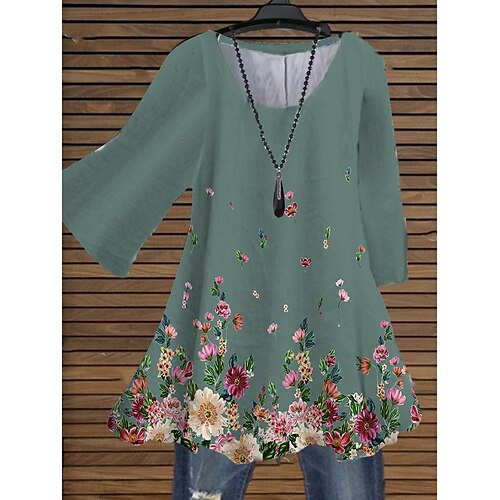 

Women's Plus Size Tops Blouse Shirt Floral Print 3/4 Length Sleeve Crewneck Streetwear Daily Holiday Cotton Spandex Jersey Fall Spring Blue Gray