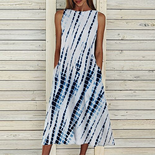 

Women's A Line Dress Midi Dress Blue Sleeveless Tie Dye Pocket Print Spring Summer Crew Neck Casual Vacation 2022 S M L XL XXL 3XL