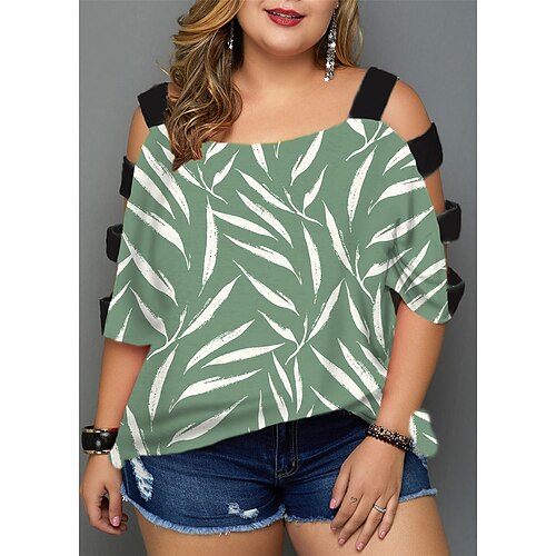 

Women's Plus Size Tops Blouse Shirt Floral Leaf Cut Out Print Half Sleeve V Neck Streetwear Daily Going out Polyester Spring Summer Green White