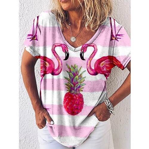 

Women's T shirt Tee Blue Pink Red Fruit Print Short Sleeve Casual Weekend Basic V Neck Regular Painting S / 3D Print