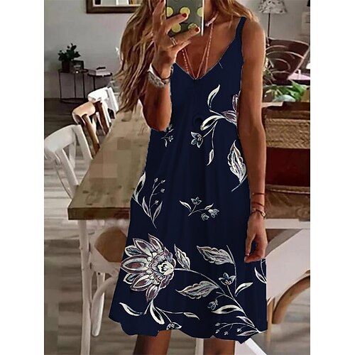 

Women's Casual Dress Shift Dress Slip Dress Mini Dress Navy Blue Sleeveless Floral Print Spring Summer Spaghetti Strap 2022 S M L XL XXL 3XL