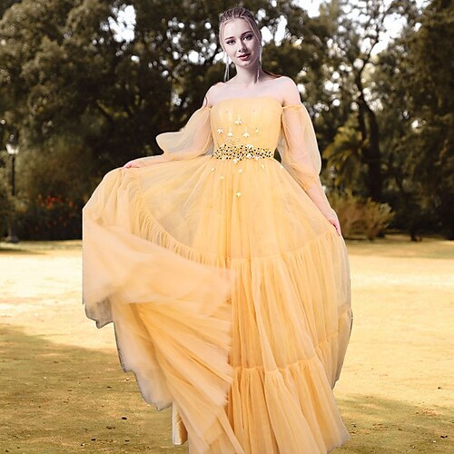 

Ball Gown Prom Dresses Princess Dress Engagement Floor Length Long Sleeve Strapless Tulle with Sash / Ribbon Pleats 2022