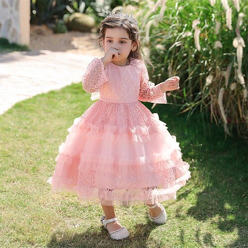 

Toddler Girls' Dress Solid Colored Tulle Dress Knee-length Dress Party Mesh Long Sleeve Cute Dress 2-6 Years Spring Green Pink Navy Blue