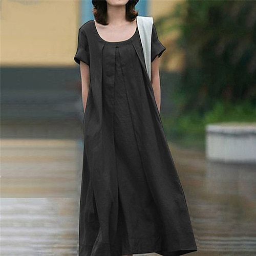 

Women's Casual Dress Linen Dress Swing Dress Long Dress Maxi Dress Black Pink Yellow Short Sleeve Pure Color Ruched Spring Summer Square Neck Mature Weekend Loose Fit 2022 S M L XL XXL 3XL 4XL 5XL