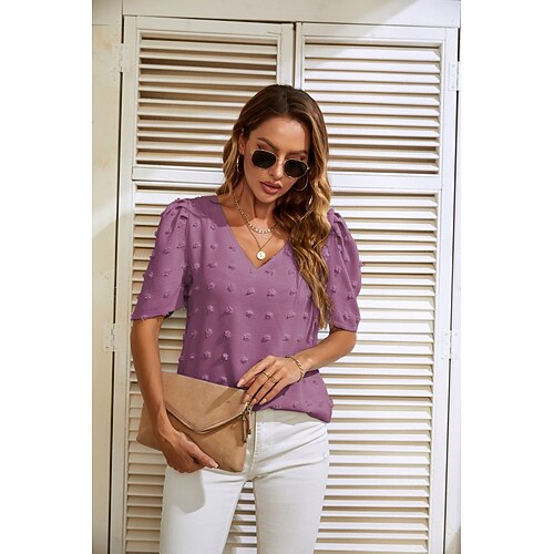 

Women's Blouse Shirt Green Blue Purple Plain Short Sleeve Daily Weekend Streetwear Casual V Neck Regular S