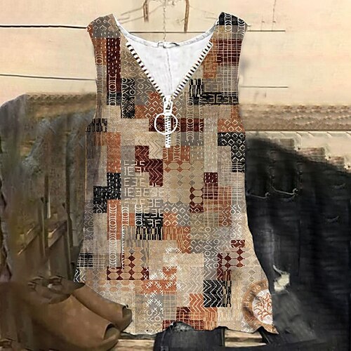

Women's Plus Size Tops Tank Top Color Block Zipper Print Sleeveless V Neck Streetwear Daily Holiday Cotton Spandex Jersey Spring Summer khaki
