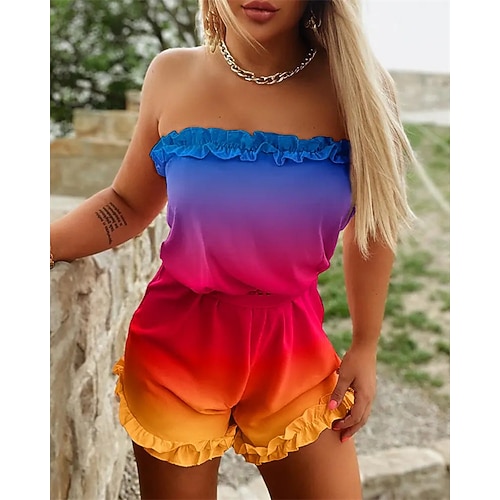 

Women's Romper Ruffle Backless Gradient Strapless Casual Street Daily Regular Fit Sleeveless Purple Yellow Red S M L Spring / Print