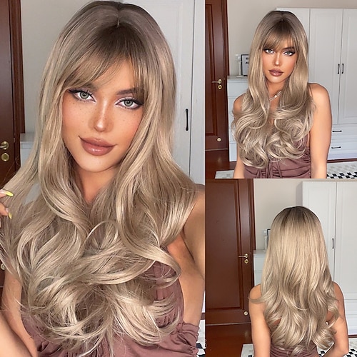

HAIRCUBE Ombre Brown Long Wavy Wigs With Bangs Auburn Black Blonde White Wave Natural Hairline Wigs For Women