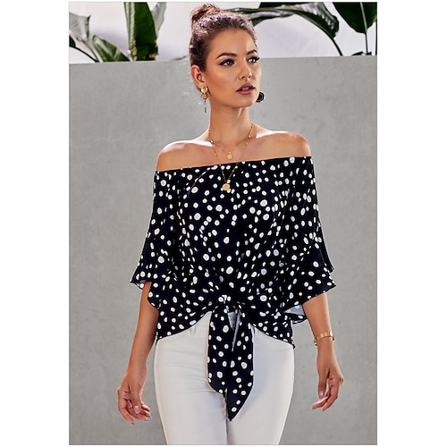 

Women's Daily Weekend Blouse Shirt Polka Dot 3/4 Length Sleeve Lace up Off Shoulder Print Off Shoulder Casual Streetwear Tops White Black Blue S