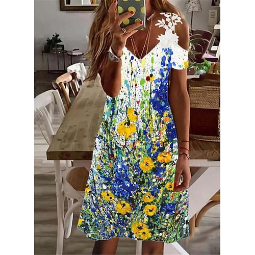 

Women's A Line Dress Knee Length Dress White Short Sleeve Floral Lace Cold Shoulder Print Spring Summer V Neck Casual Vacation 2022 S M L XL XXL 3XL