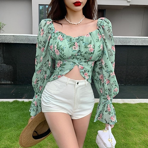 

Women's Abstract Flower Casual Holiday Going out Blouse Shirt Long Sleeve Print Square Neck Casual Tops Puff Sleeve Slim Green Pink One-Size