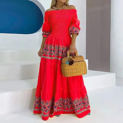 

Women's Swing Dress Maxi long Dress Red Half Sleeve Pure Color Lace up Pleated Patchwork Spring Summer Off Shoulder Modern Slim 2022 S M L XL XXL
