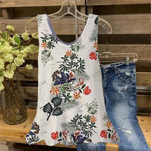 

Women's Plus Size Tops Tank Top Floral Leaf Print Sleeveless V Neck Streetwear Daily Holiday Cotton Spandex Jersey Spring Summer Apricot