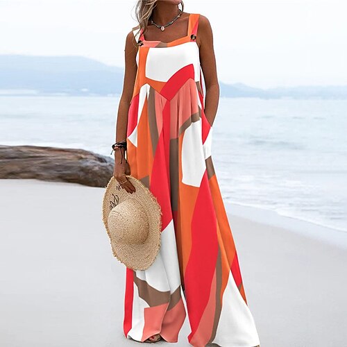 

Women's Jumpsuit Pocket Print Color Block Square Neck Boho Street Daily Regular Fit Sleeveless Orange S M L Spring