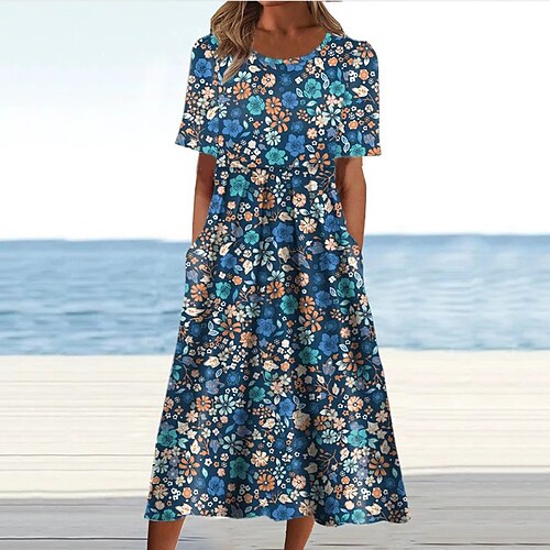 

Women's Casual Dress Swing Dress Midi Dress Blue Short Sleeve Floral Pocket Spring Summer Crew Neck Stylish Loose Fit 2023 S M L XL XXL