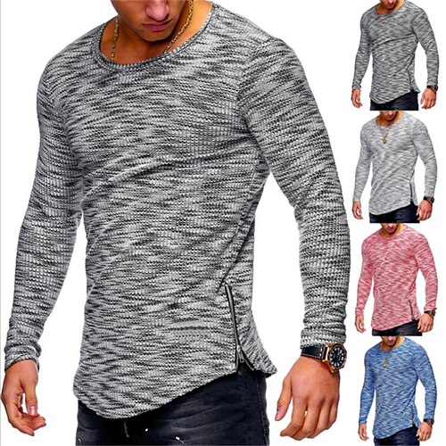 

Men's T shirt Tee Graphic Crew Neck Blue Light gray Dark Gray Red Casual Sports Long Sleeve Zipper Clothing Apparel Cotton Fashion Casual Breathable