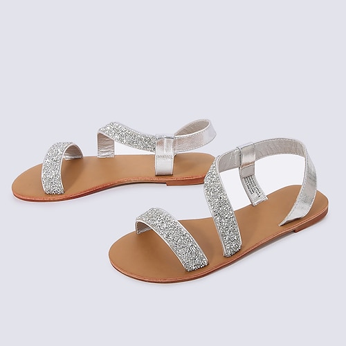 

Women's Sandals Flat Sandals Outdoor Slippers Rhinestone Flat Heel Open Toe Elegant Casual Daily Office Glitter Loafer Spring Summer Solid Colored Silver Gold
