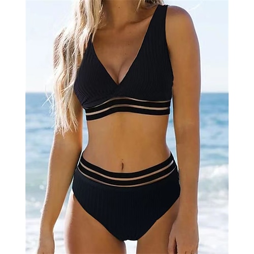 

Women's Swimwear Bikini 2 Piece Plus Size Swimsuit Backless 2 Piece Striped Black Blue V Wire Bathing Suits New Stylish Vacation / Sexy