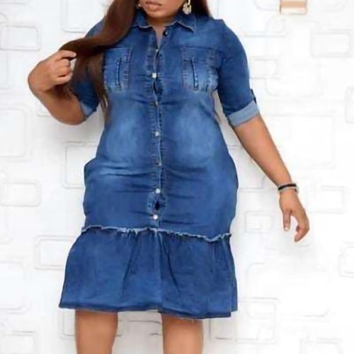 

Women's Plus Size Holiday Dress Solid Color Shirt Collar Ruched 3/4 Length Sleeve Fall Spring Casual Knee Length Dress Daily Going out Dress / Cotton