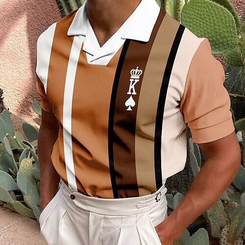 

Men's Collar Polo Shirt Golf Shirt Striped Poker Turndown Khaki 3D Print Casual Daily Short Sleeve Button-Down Print Clothing Apparel Fashion Designer Casual Breathable / Sports