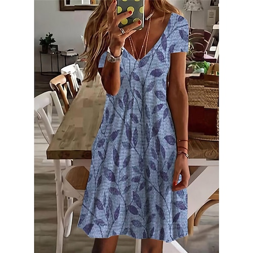 

Mujer Vestido informal Vestido de cambio Azul Piscina Manga Corta Estampado Primavera Verano Escote en Pico 2022 S M L XL XXL 3XL
