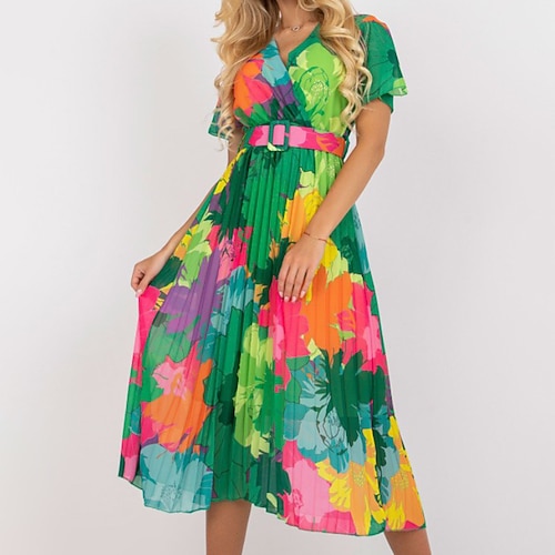 

Women's Casual Dress Swing Dress Floral Dress Midi Dress Green Pink Short Sleeve Floral Pleated Spring Summer V Neck 2022 S M L XL XXL