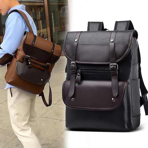 

Men's Unisex School Bag Commuter Backpack Functional Backpack PU Leather Solid Color Adjustable Waterproof Zipper Daily Office & Career dark brown Black khaki