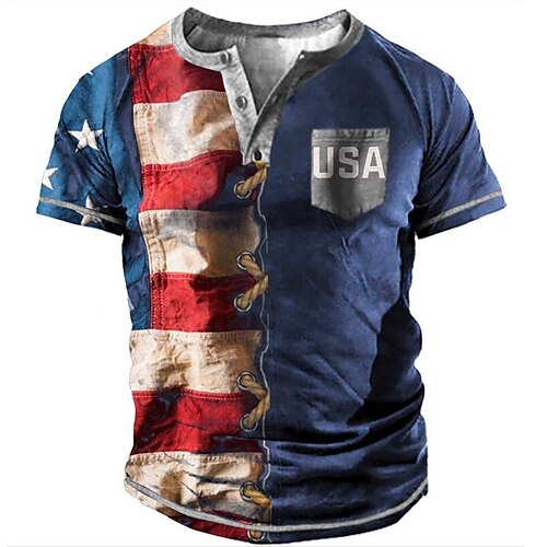 

Men's Henley Shirt Tee T shirt Tee 3D Print Graphic Patterned National Flag Plus Size Henley Daily Sports Button-Down Print Short Sleeve Tops Basic Casual Classic Big and Tall Blue / Summer